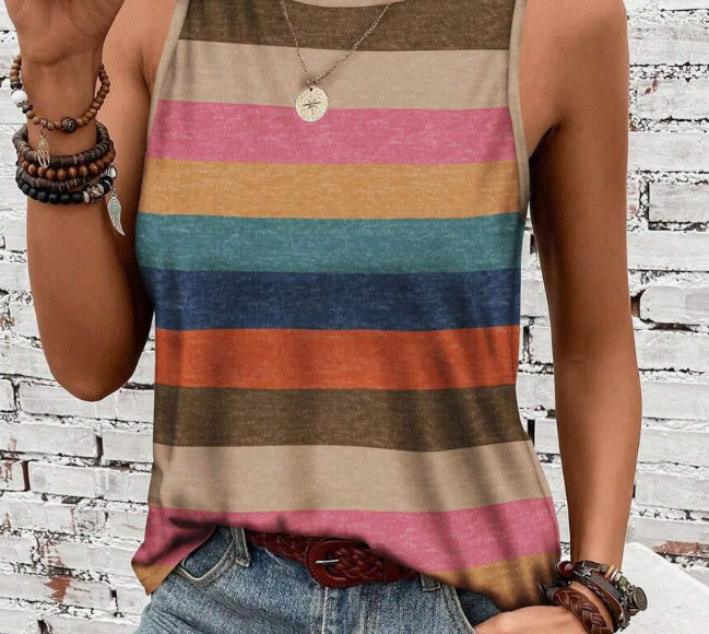 Women Crew Neck Colorful Striped Tank Top